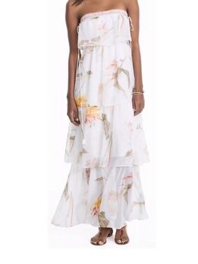 White House Black Market White Floral Tiered Strapless Maxi Dress